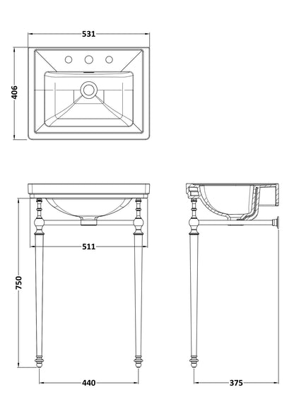Nuie 530mm Traditional 3 Tap Hole Basin with Stand