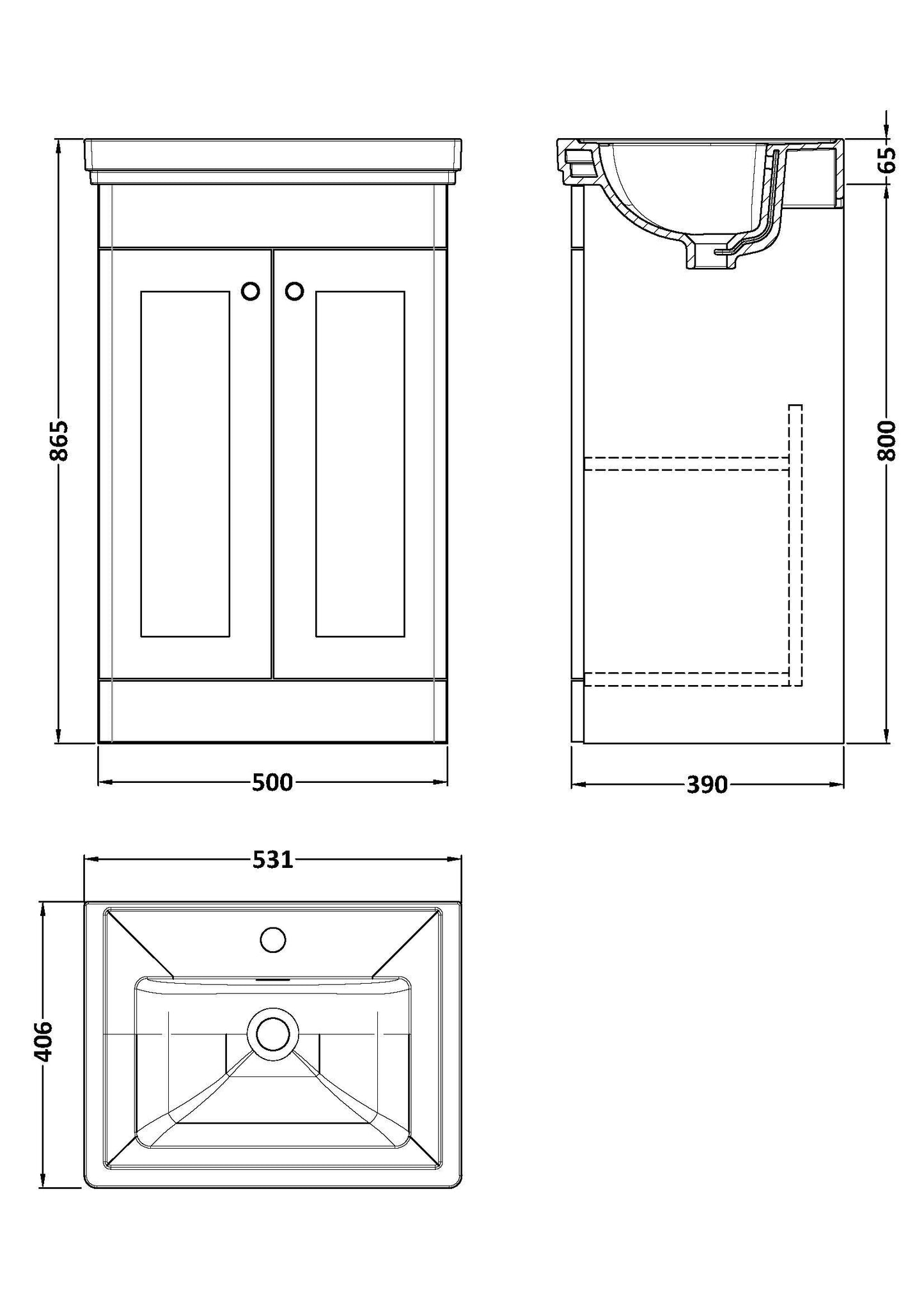 Nuie Classique 500mm Floor Standing 2 Door Vanity Basin Unit With Basin