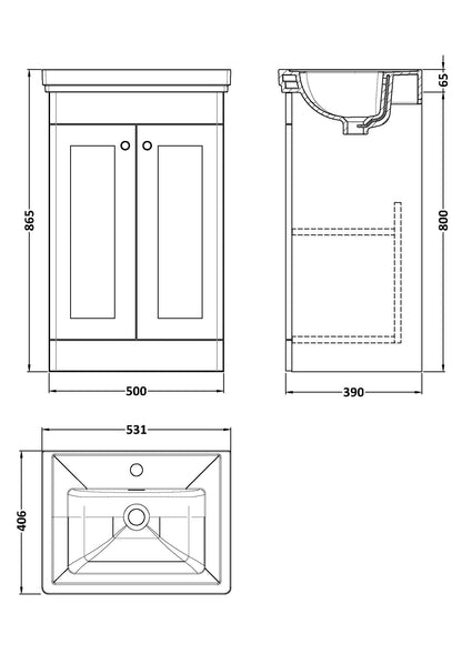 Nuie Classique 500mm Floor Standing 2 Door Vanity Basin Unit With Basin