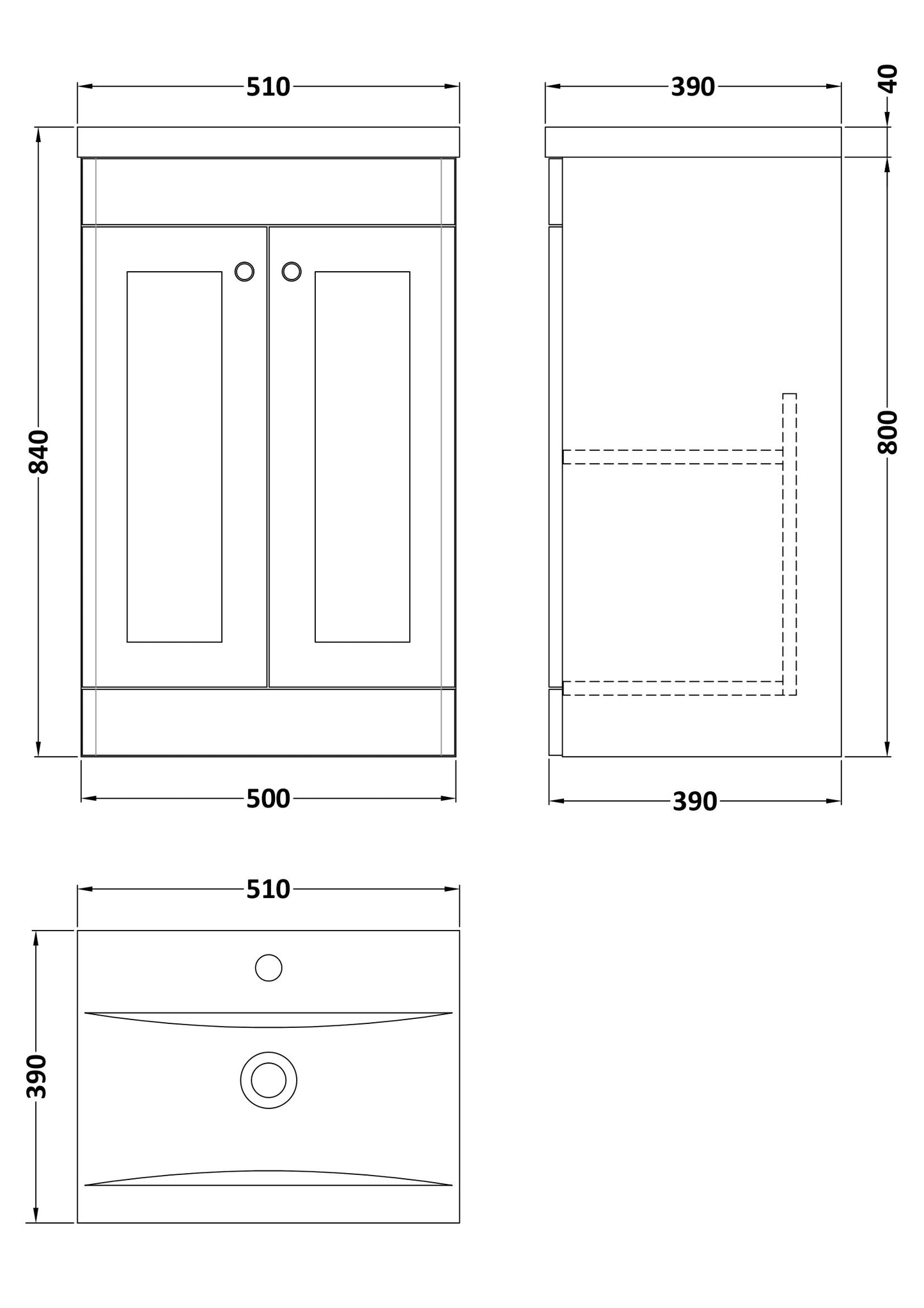 Nuie Classique 500mm Floor Standing 2 Door Vanity Unit With Basin