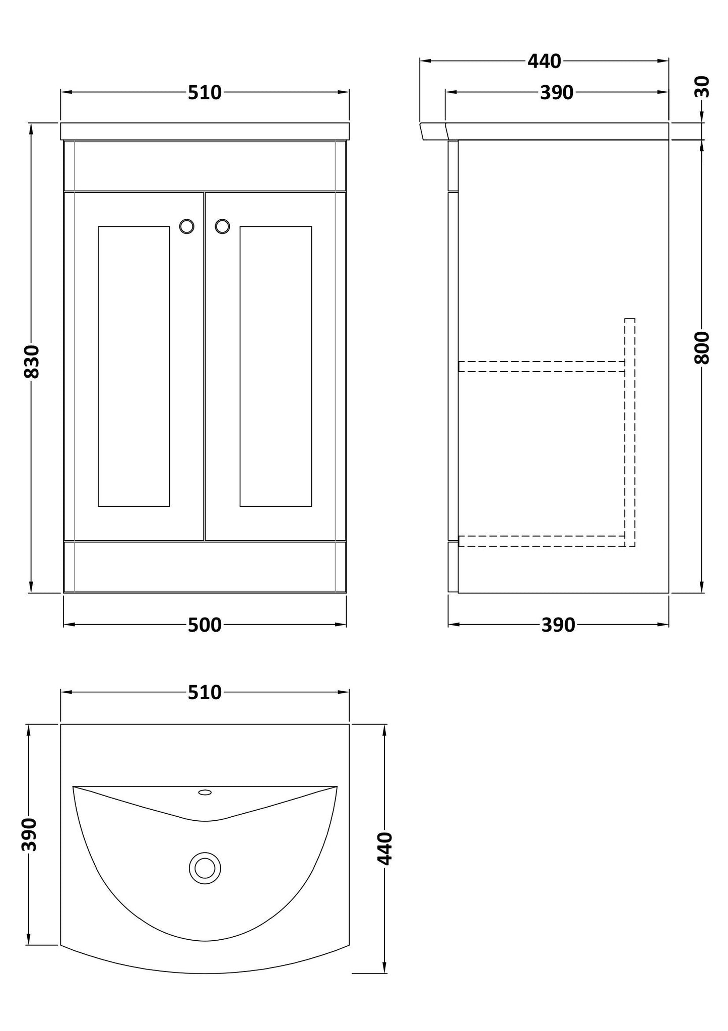 Nuie Classique 500mm Satin White Floor Standing 2-Door Vanity Unit & Curved Basin