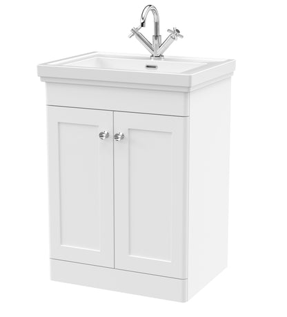 Nuie Classique 600mm Satin White Floor Standing 2 Door Vanity Basin Unit Including Basin