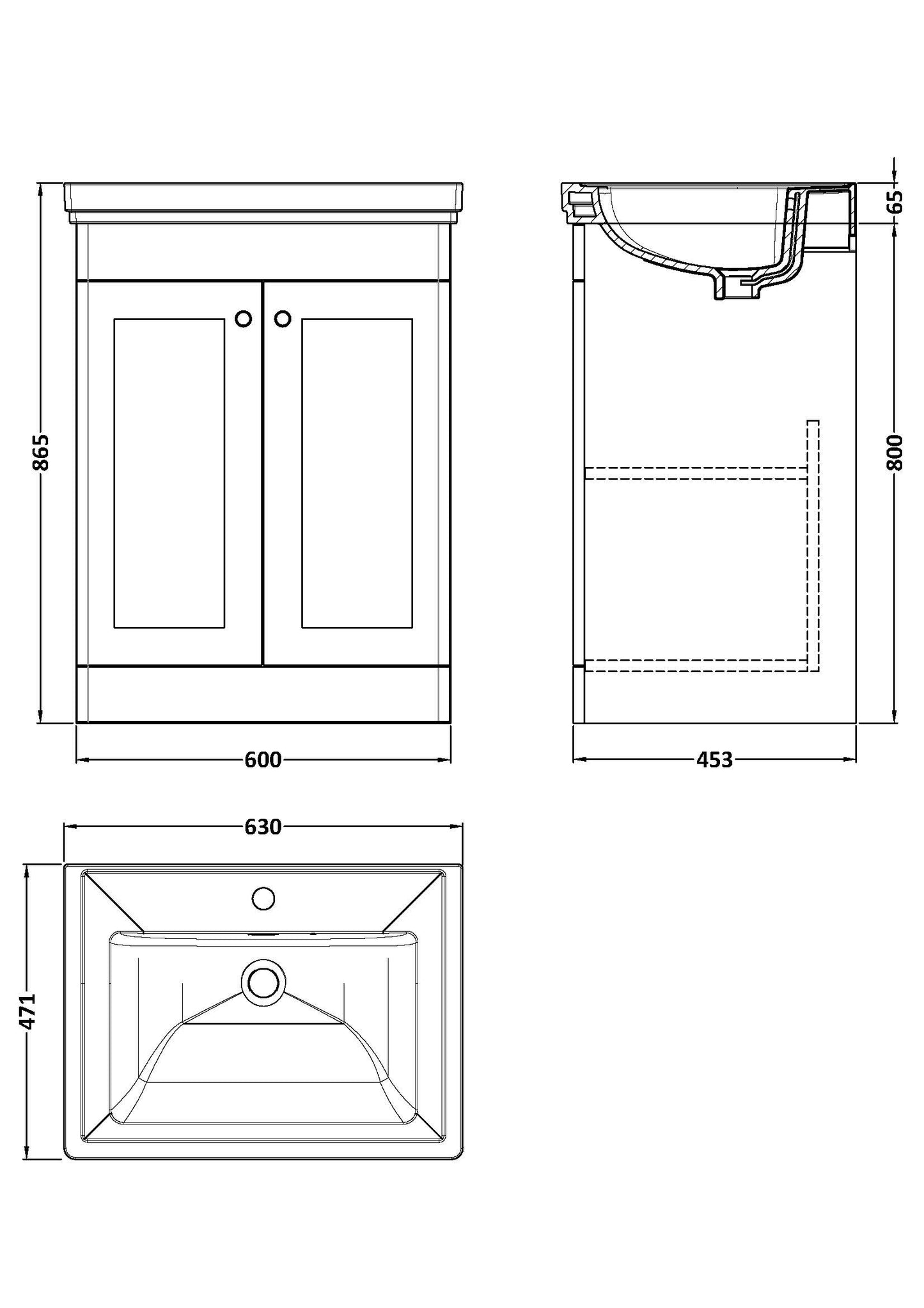 Nuie Classique 600mm Satin White Floor Standing 2 Door Vanity Basin Unit Including Basin