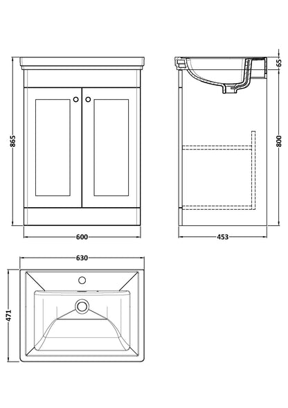 Nuie Classique 600mm Satin White Floor Standing 2 Door Vanity Basin Unit Including Basin