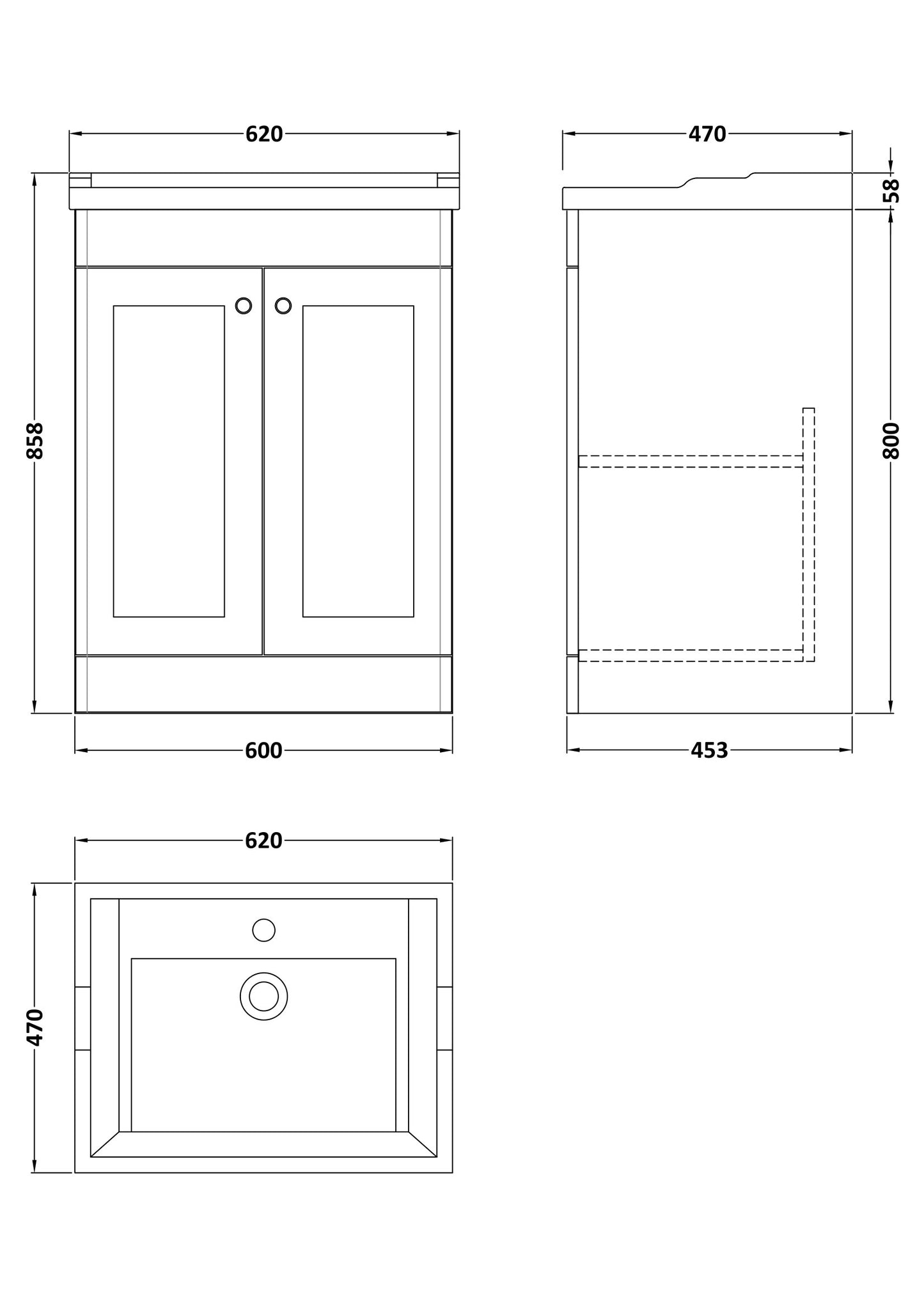 Nuie Classique 600mm Floor Standing 2 Door Vanity Unit With 1 Tap Hole & Soft Close Doors