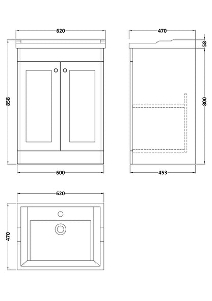 Nuie Classique 600mm Floor Standing 2 Door Vanity Unit With 1 Tap Hole & Soft Close Doors