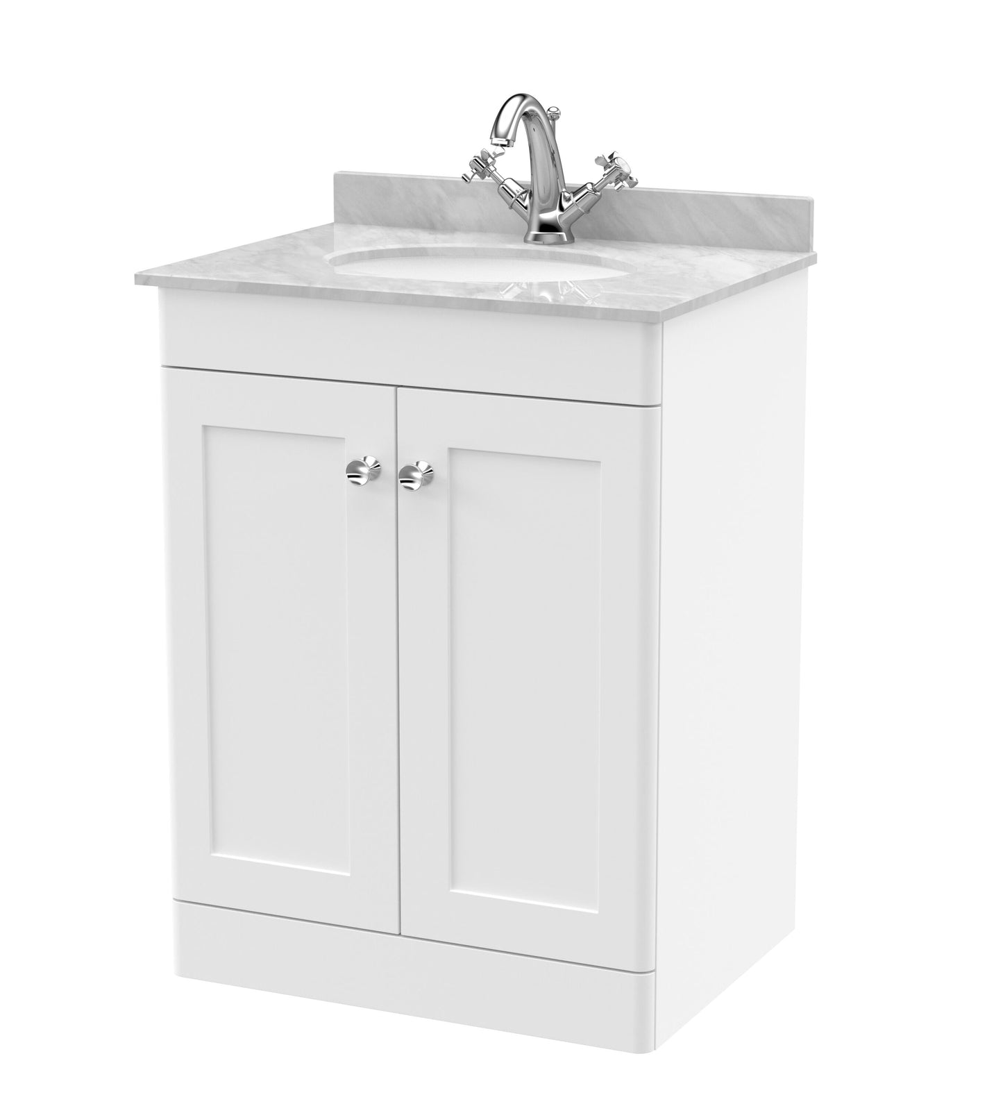 Nuie Classique 600mm Satin White Floor Standing 2 Door 1 Tap Hole Vanity Unit With Marble Top & Basin
