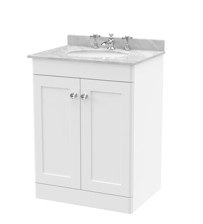 Nuie Classique 620mm Satin White Floor Standing 2 Door Vanity Unit With 3 Tap Hole Round Basin