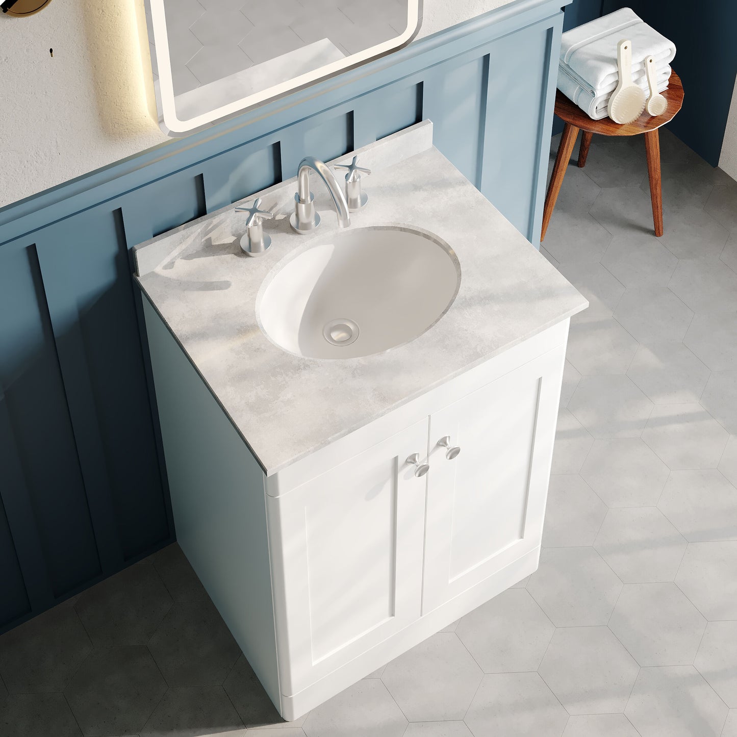 Nuie Classique 620mm Satin White Floor Standing 2 Door Vanity Unit With 3 Tap Hole Round Basin
