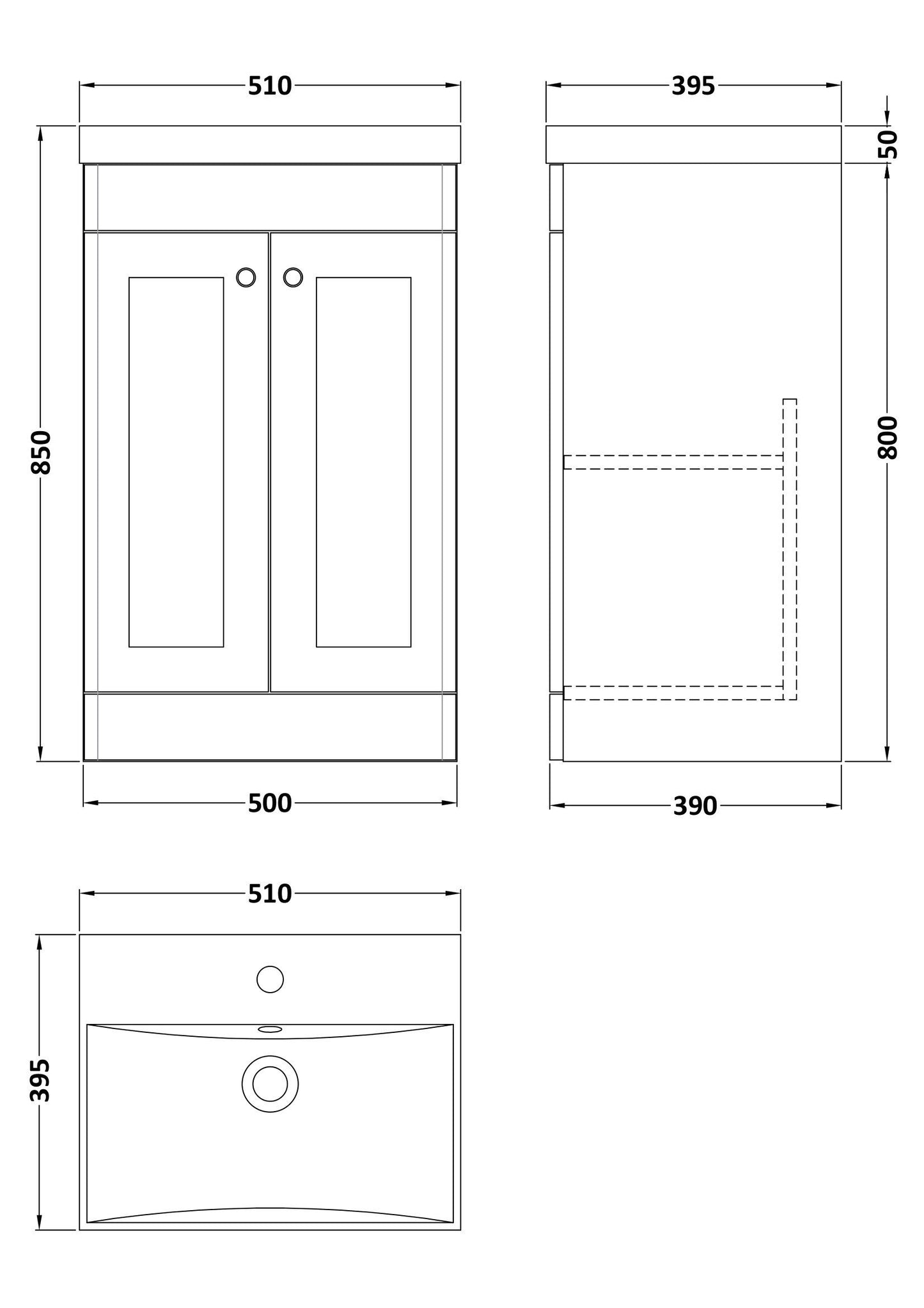 Nuie Classique 500mm Soft Black Floor Standing 2 Door Vanity Unit With Basin