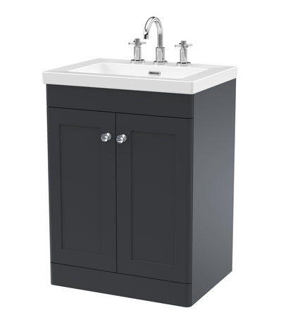 Nuie Classique 600mm Soft Black Floor Standing 2-Door Vanity Unit with 3 Tap Hole Basin