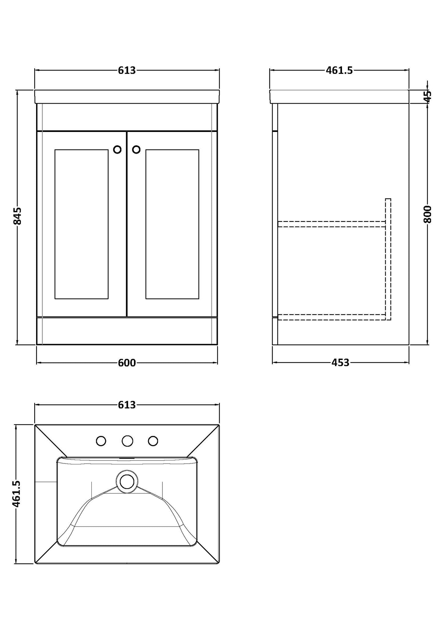 Nuie Classique 600mm Soft Black Floor Standing 2-Door Vanity Unit with 3 Tap Hole Basin