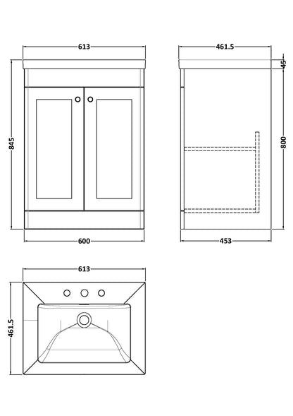 Nuie Classique 600mm Soft Black Floor Standing 2-Door Vanity Unit with 3 Tap Hole Basin