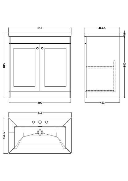 Classique 800mm Floor Standing 2-Door Vanity with Basin - 3 Tap Hole