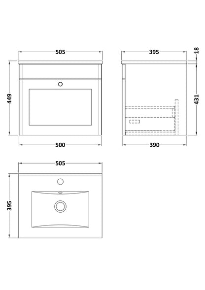 Nuie Classique 500mm Soft Black Wall Hung 1 Drawer Unit With Basin