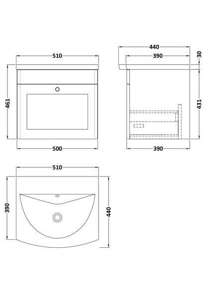 Nuie Classique 500mm Soft Black Wall Hung 1 Drawer Unit With Basin