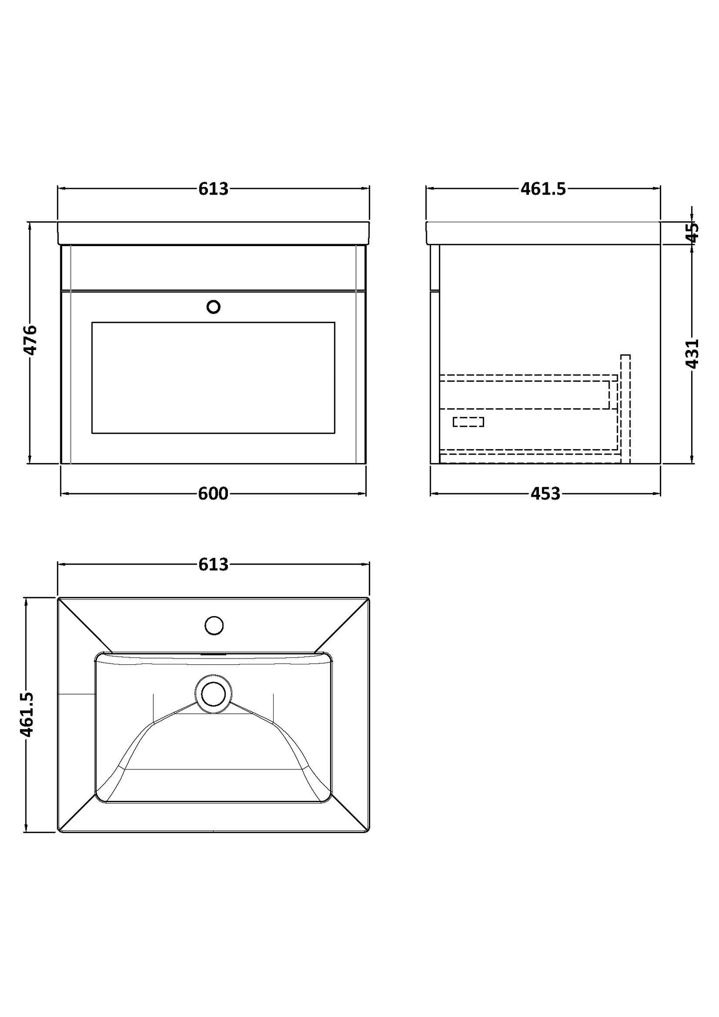 Classique 600mm Wall Hung 1-Drawer Vanity with Basin - 1 Tap Hole