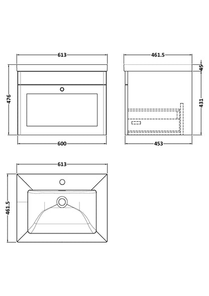 Classique 600mm Wall Hung 1-Drawer Vanity with Basin - 1 Tap Hole