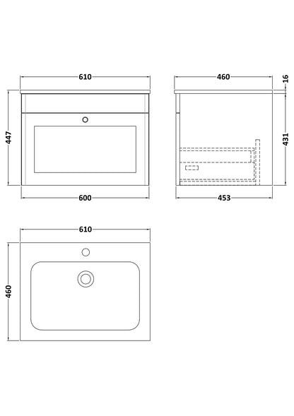 Classique Wall Hung 1 Drawer Vanity Basin Unit & 1 Tap Hole Stone Basin, 600mm