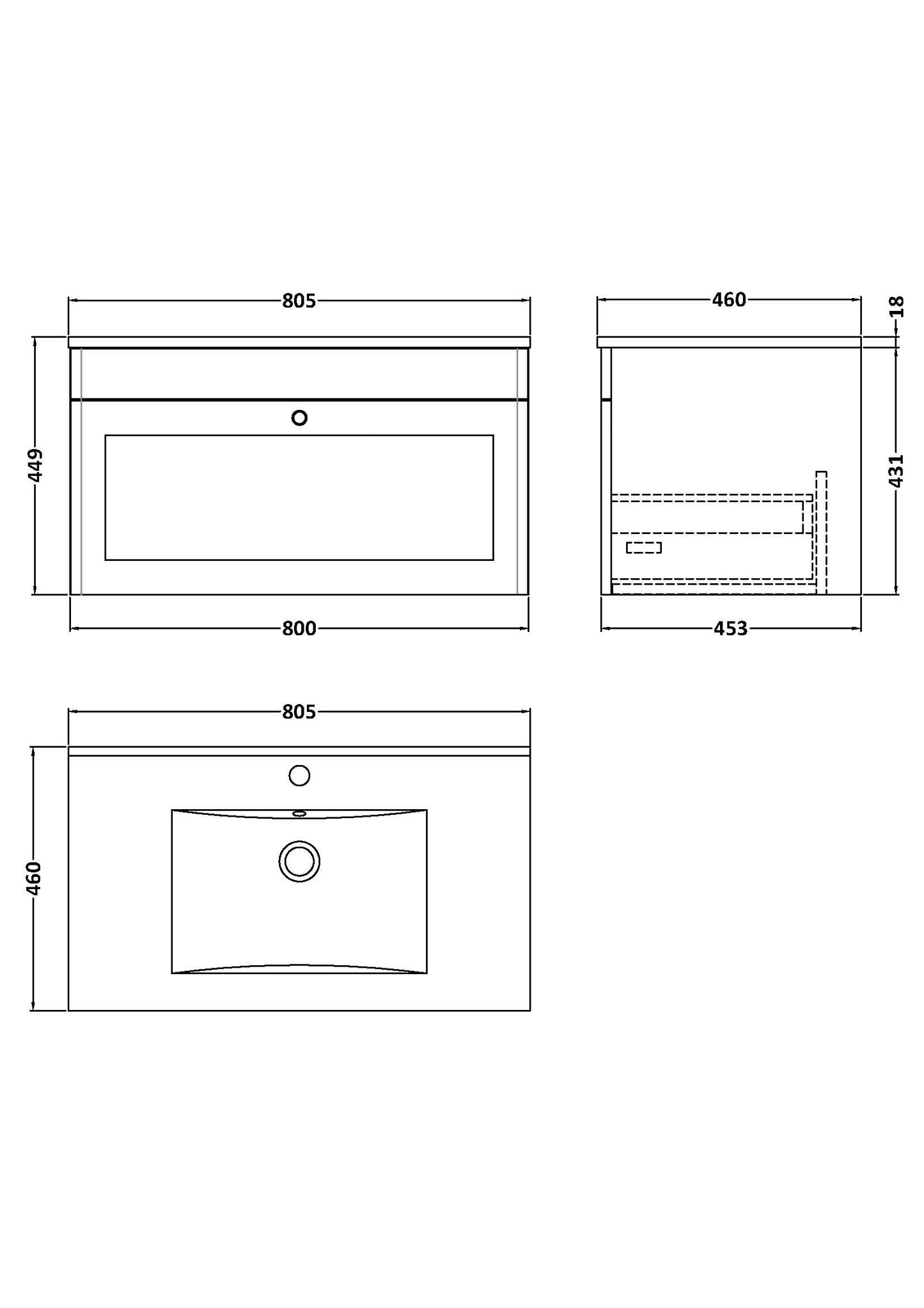 Classique 800mm Wall Hung Single Drawer Vanity with Basin - 1 Tap Hole