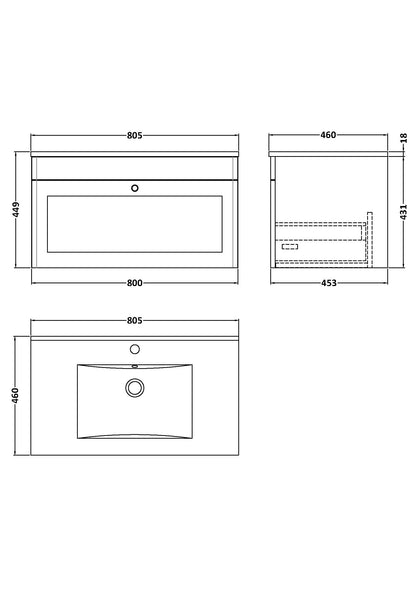 Classique 800mm Wall Hung Single Drawer Vanity with Basin - 1 Tap Hole