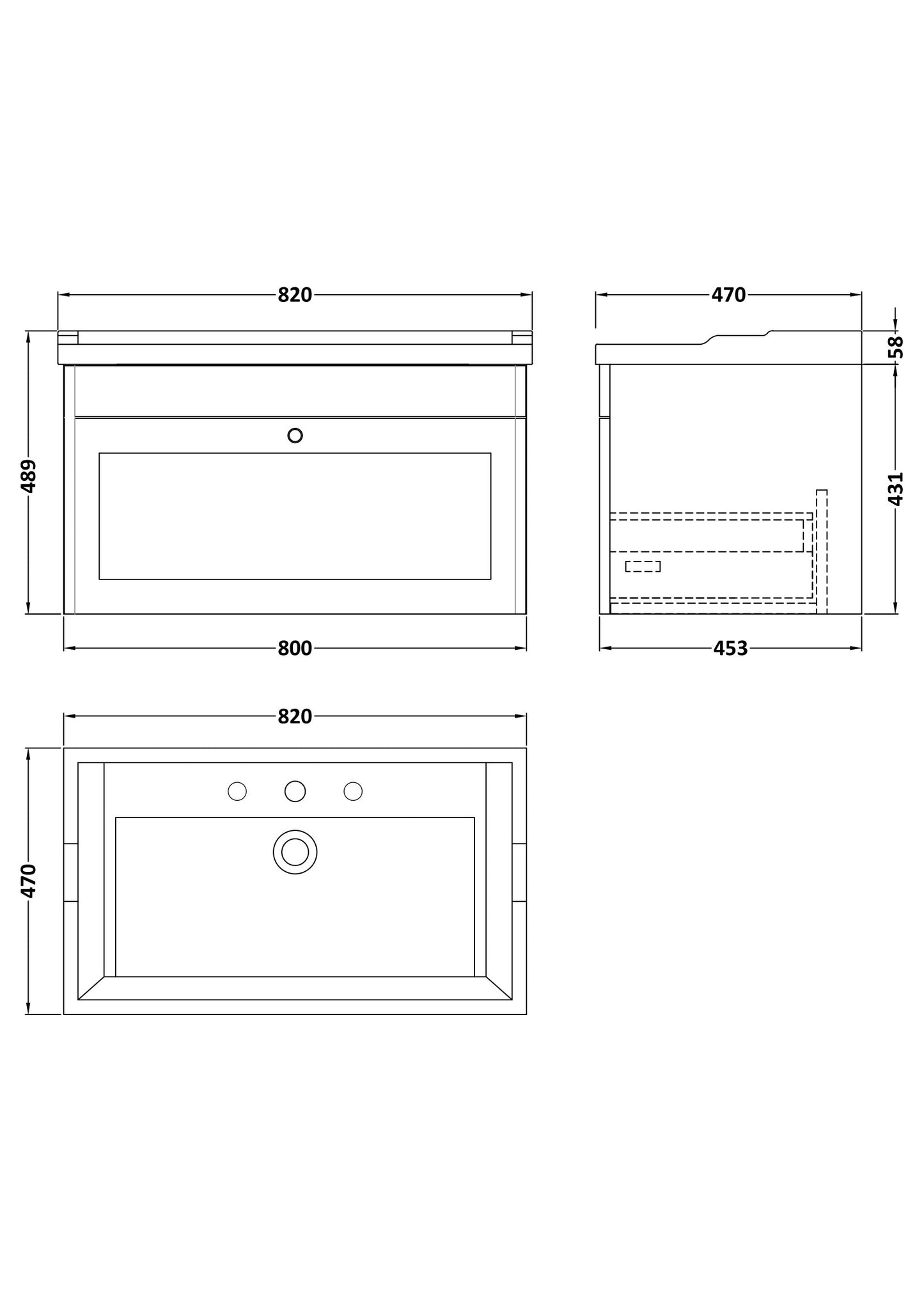 Nuie Classique 800mm Wall Hung 1 Drawer Vanity Unit With 3 Tap Hole Basin