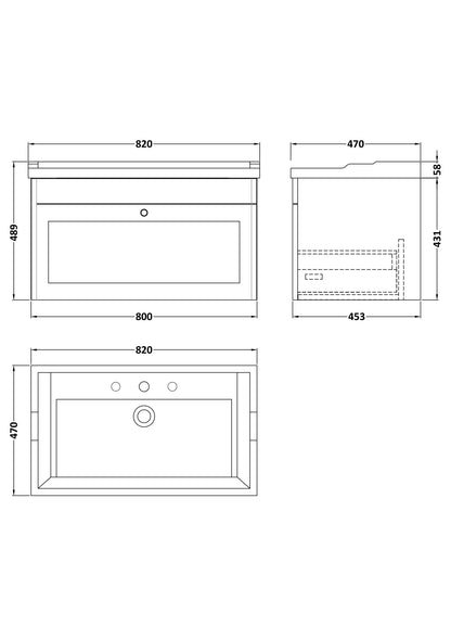 Nuie Classique 800mm Wall Hung 1 Drawer Vanity Unit With 3 Tap Hole Basin