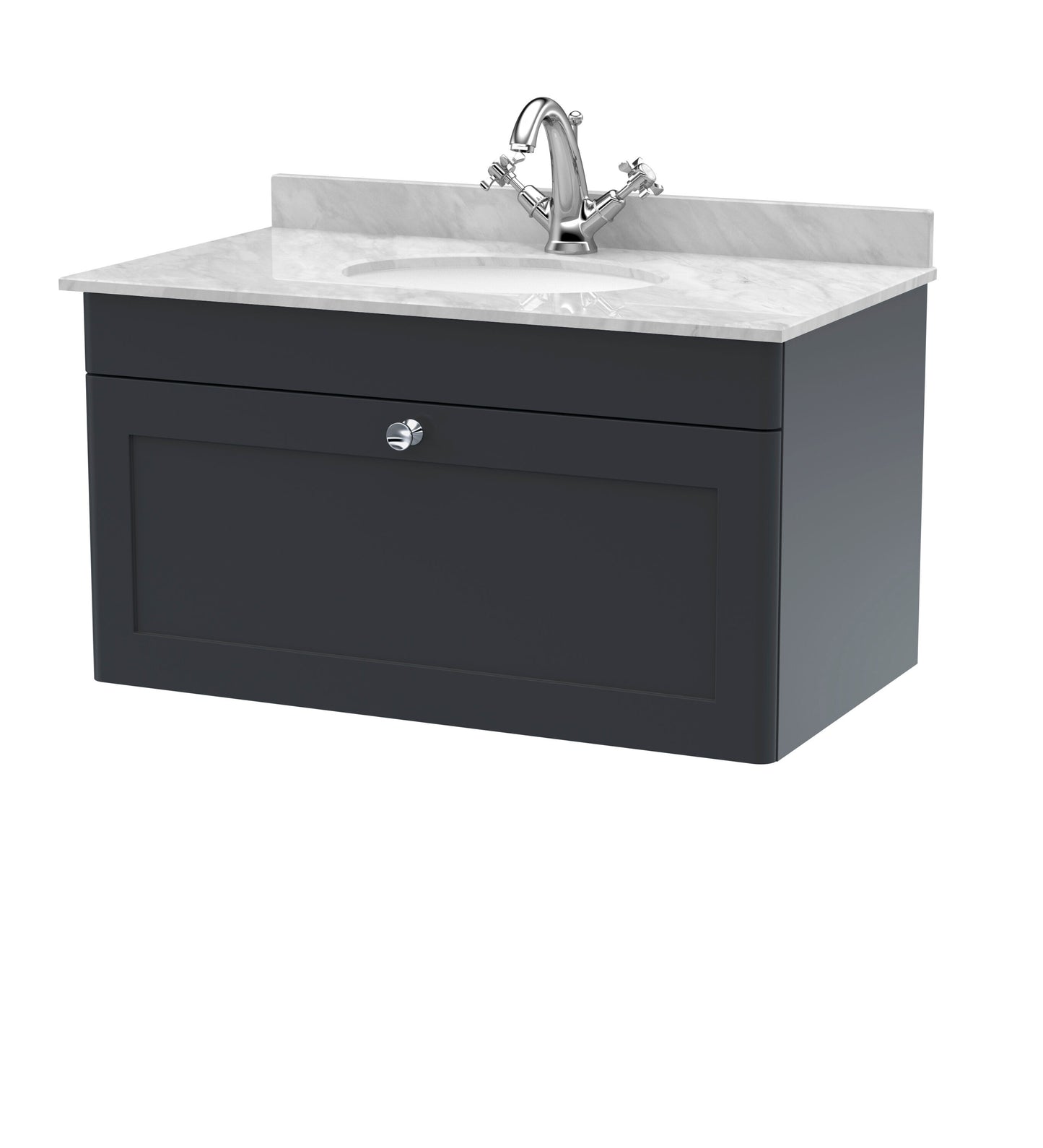 Nuie Classique Soft Black 800mm Wall Hung 1 Drawer Vanity Unit with Marble Top, Basin, Handle & Backsplash