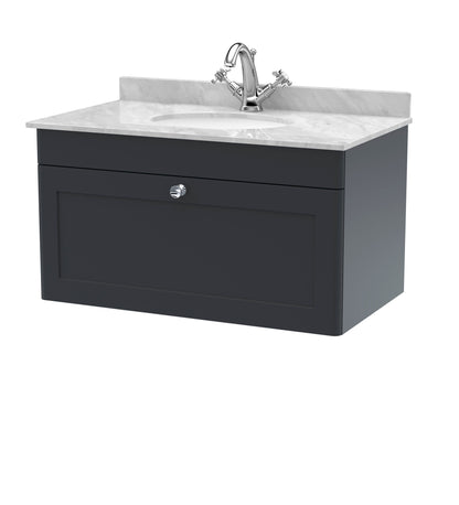 Nuie Classique Soft Black 800mm Wall Hung 1 Drawer Vanity Unit with Marble Top, Basin, Handle & Backsplash