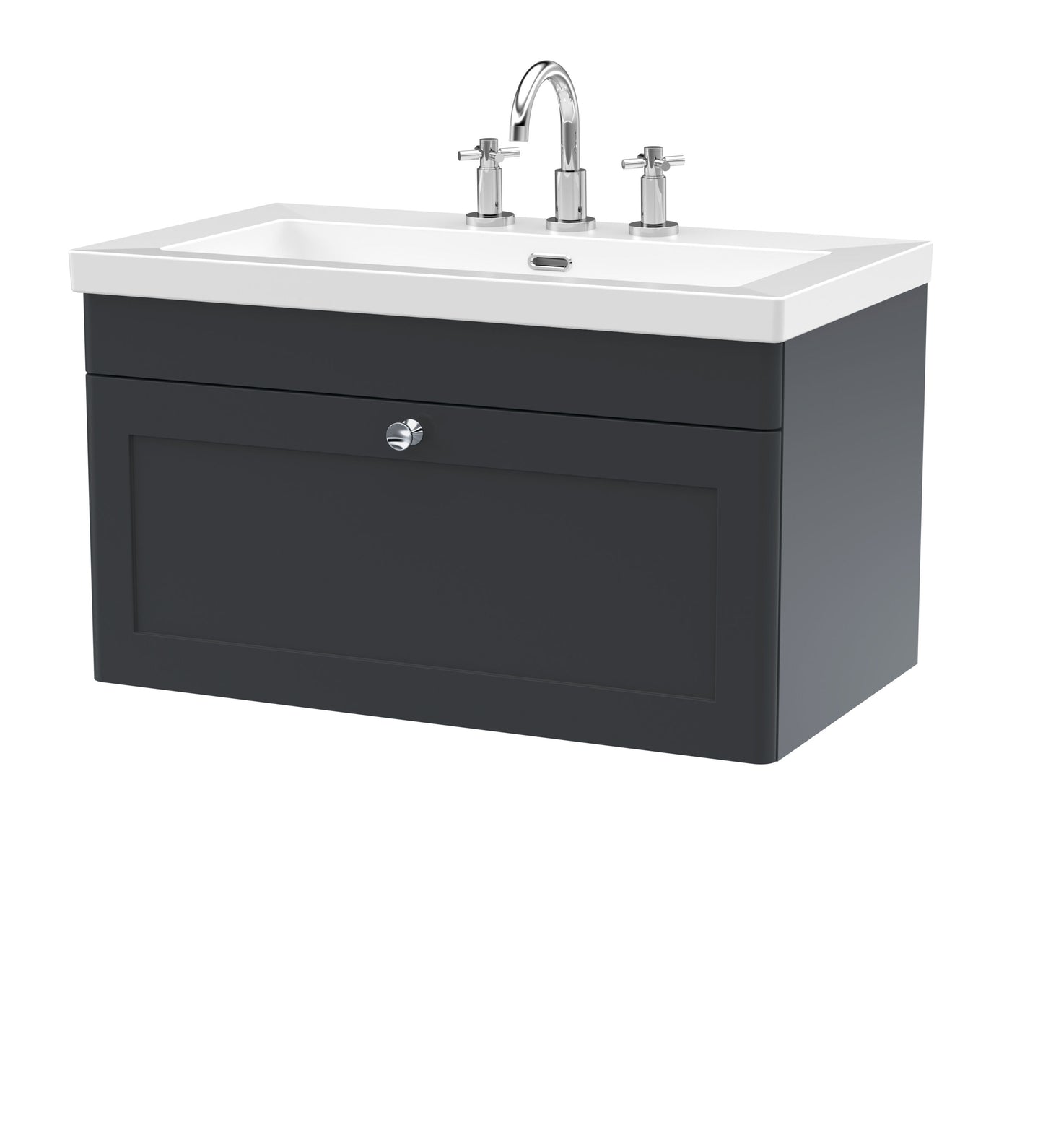 Nuie Classique 800mm Soft Black Wall Hung Single Drawer Vanity with 3 Tap Hole Basin With Chrome Handle