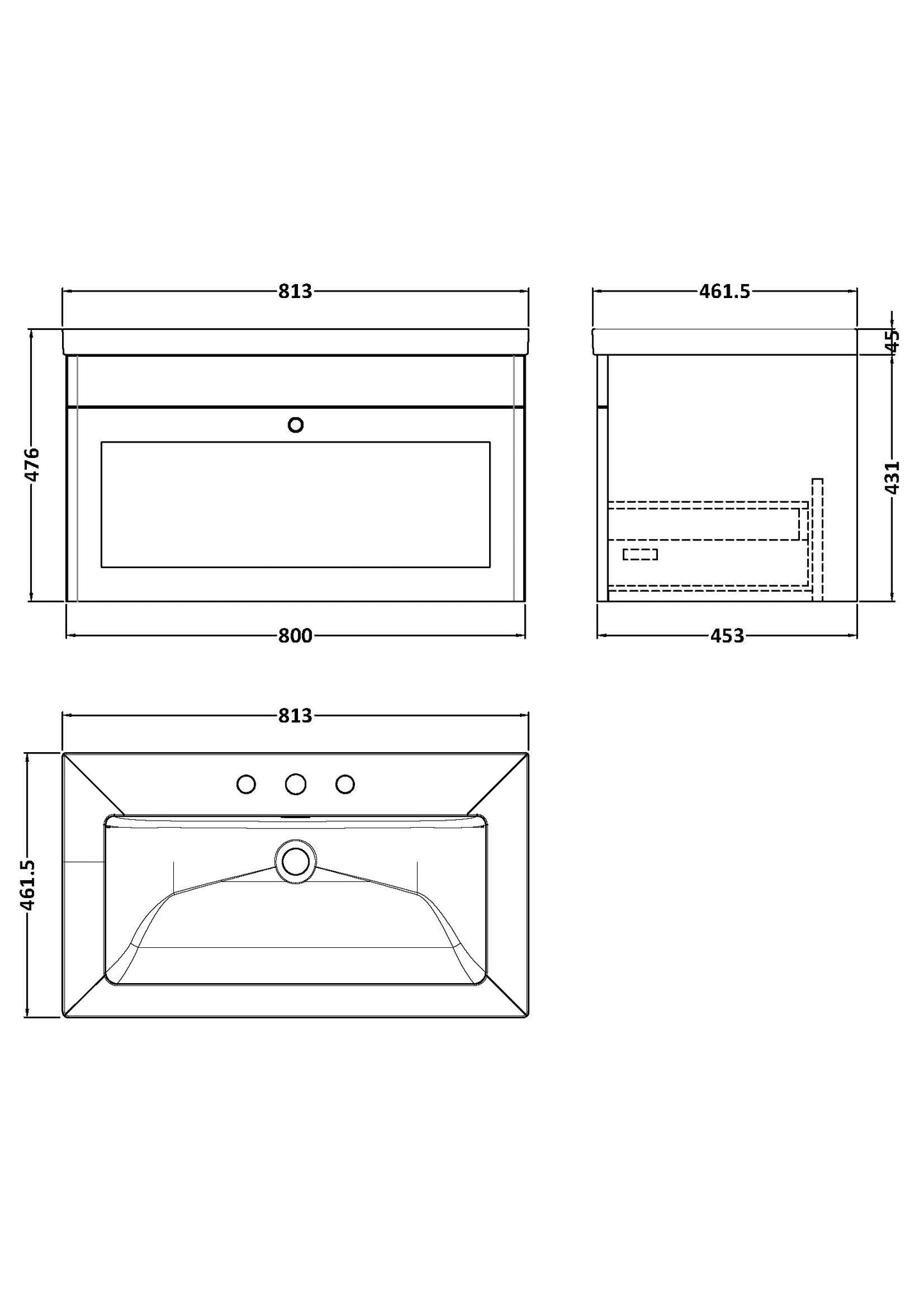 Nuie Classique 800mm Soft Black Wall Hung Single Drawer Vanity with 3 Tap Hole Basin With Chrome Handle