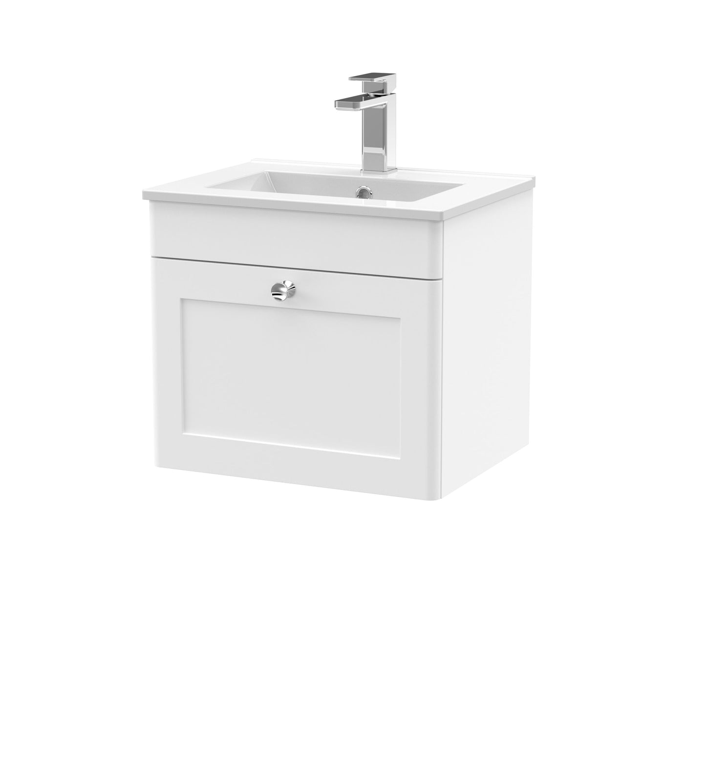 Nuie Classique 500mm Satin White Wall Hung 1 Drawer Vanity Unit Including Basin With Chrome Handle