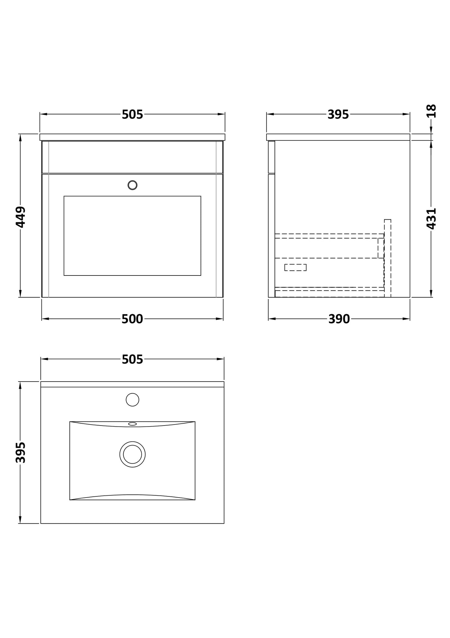 Nuie Classique 500mm Satin White Wall Hung 1 Drawer Vanity Unit Including Basin With Chrome Handle