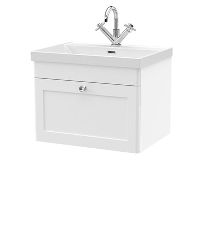 Nuie Classique 600mm Satin White Wall Hung 1-Drawer Vanity Unit with 1 Tap Hole Basin