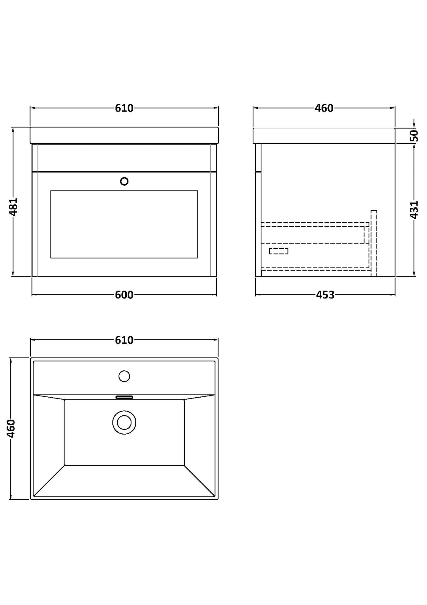Nuie Classique 600mm Satin White Wall Hung 1-Drawer Vanity Unit with 1 Tap Hole Basin
