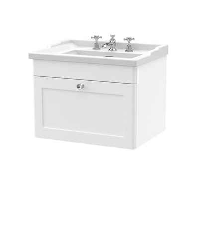 Nuie Classique 600mm Satin White Wall Hung 1 Drawer Vanity Unit with 3 Tap Hole Basin, Chrome Handle