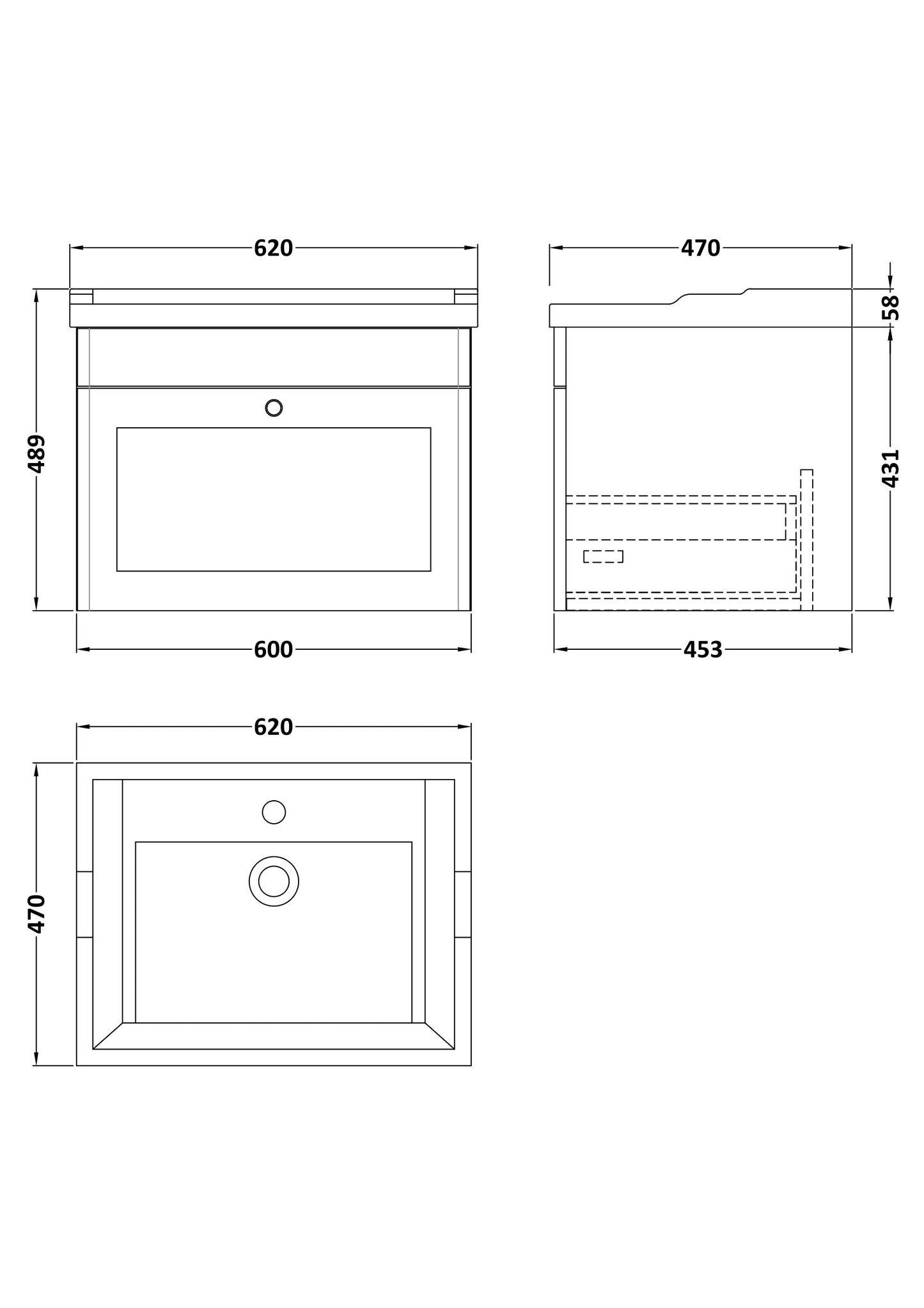 Nuie Classique 600mm Satin White Wall Hung 1 Drawer Vanity Unit with 3 Tap Hole Basin, Chrome Handle