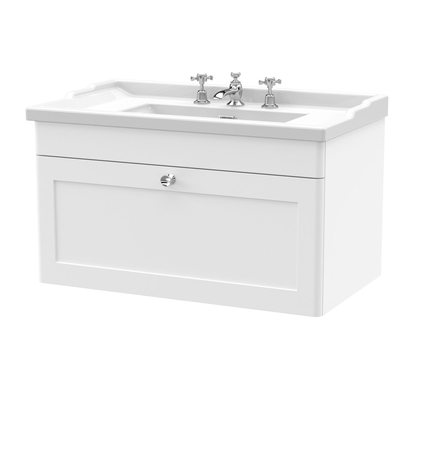 Nuie Classique 800mm Satin White Wall Hung Vanity Unit With 3 Tap Hole Basin
