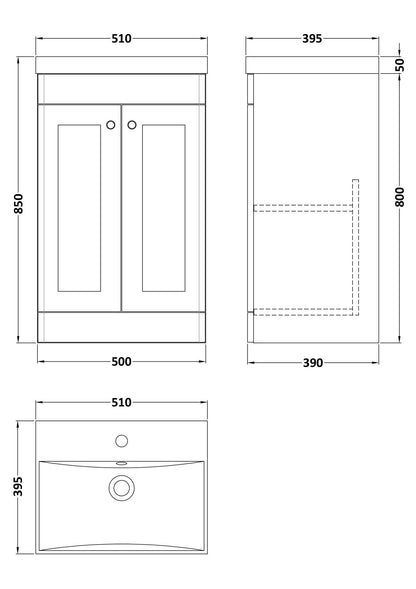 Nuie Classique 500mm Satin Grey Floor Standing 2 Door Basin Unit With Basin & Handles