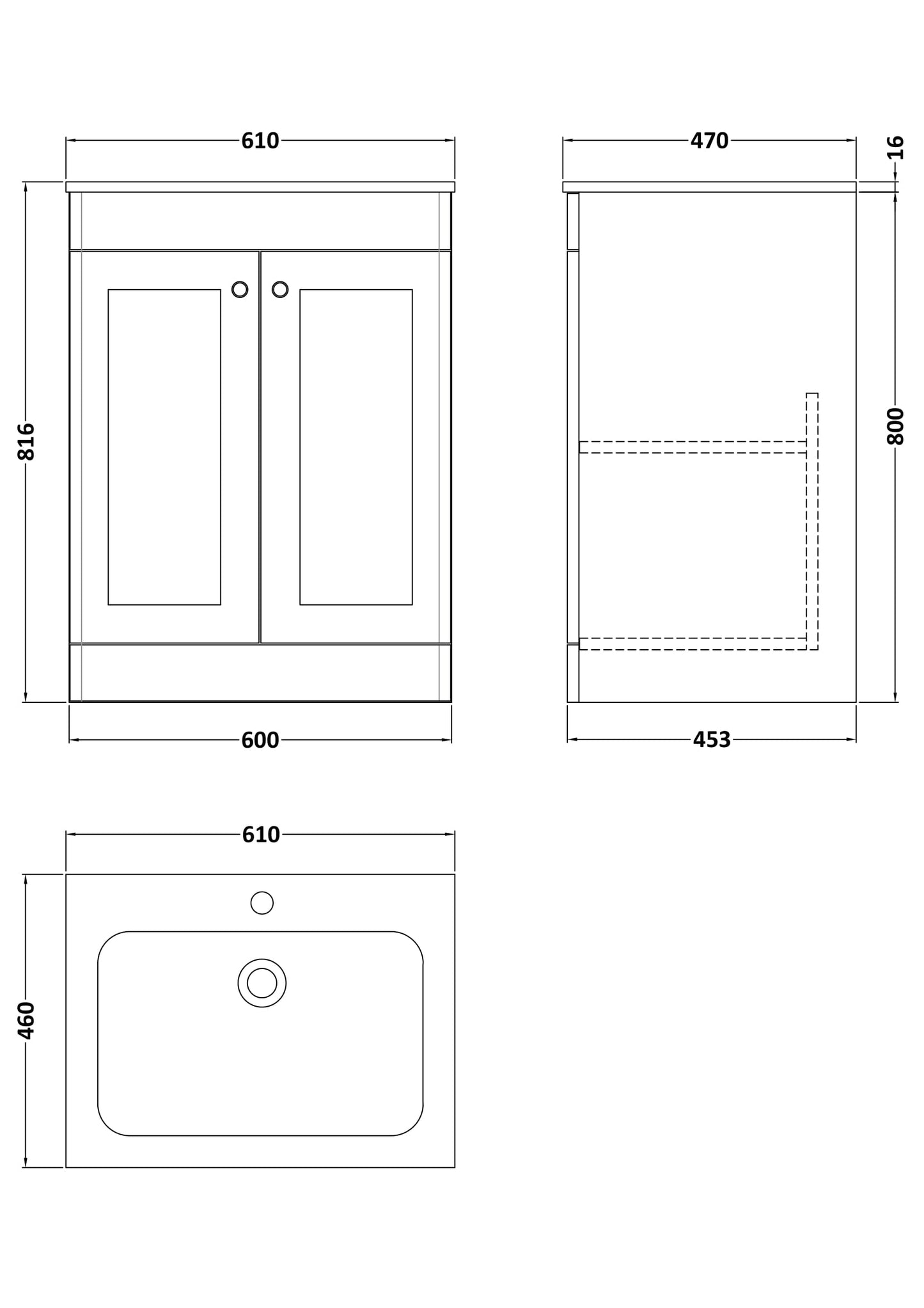 Classique Floor Standing 2 Door Vanity Basin Unit & 1 Tap Hole Stone Basin, 600mm
