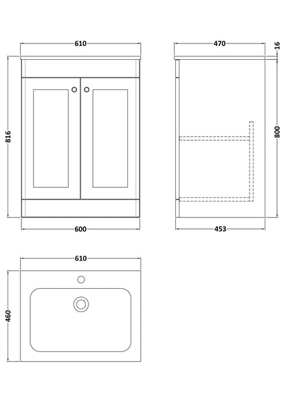Classique Floor Standing 2 Door Vanity Basin Unit & 1 Tap Hole Stone Basin, 600mm