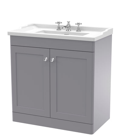 Nuie Classique 800mm Satin Grey Floor Standing 2 Door Vanity Unit with 3 Tap Hole Basin