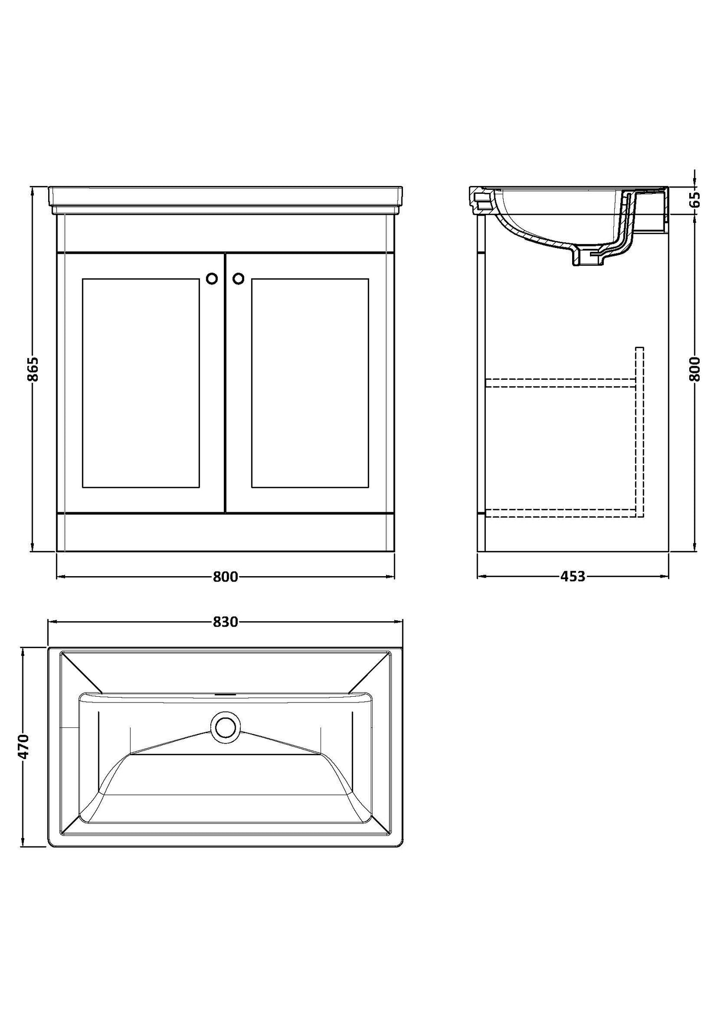 Nuie Classique 800mm Floor Standing 2 Door Vanity Unit with 0 Tap Hole Basin