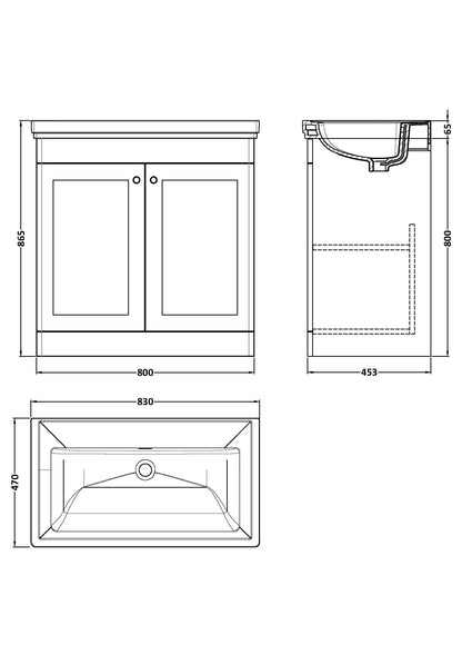 Nuie Classique 800mm Floor Standing 2 Door Vanity Unit with 0 Tap Hole Basin