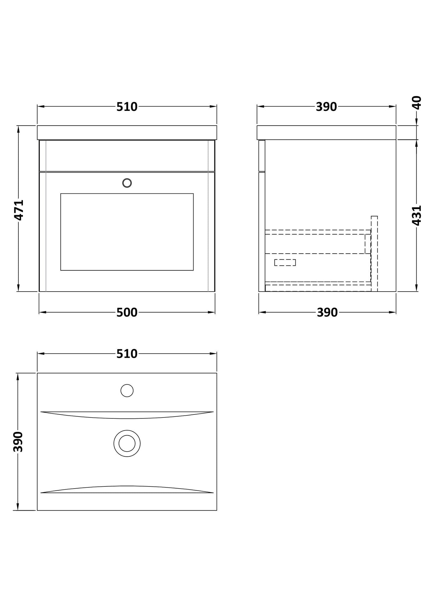 Nuie Classique 500mm Satin Grey Wall Hung 1 Drawer Vanity Unit With Basin