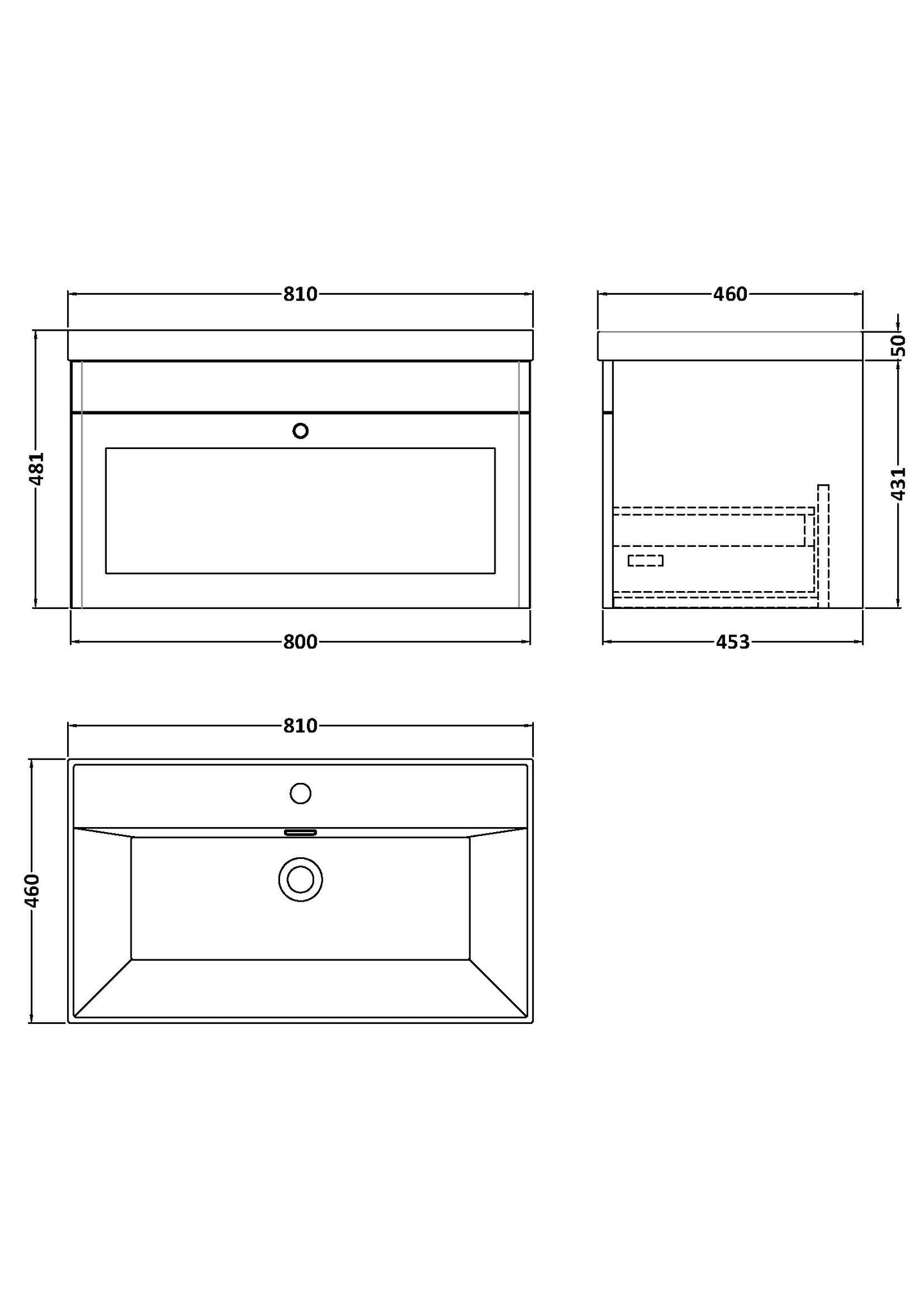 Classique 800mm Wall Hung Single Drawer Vanity with Basin - 1 Tap Hole