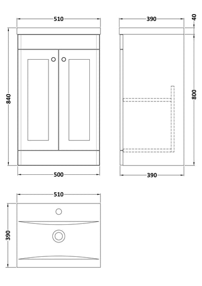 Nuie Classique 500mm Satin Green Floor Standing 2 Door Vanity Unit With Basin