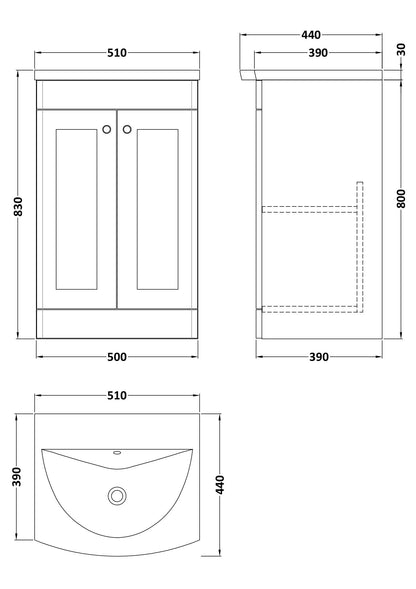 Nuie Classique 500mm Satin Green Floor Standing 2-Door Vanity Unit & Basin