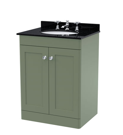 Nuie Classique 600mm Satin Green Floor Standing 2 Door Vanity Unit with 3 Tap Hole Basin