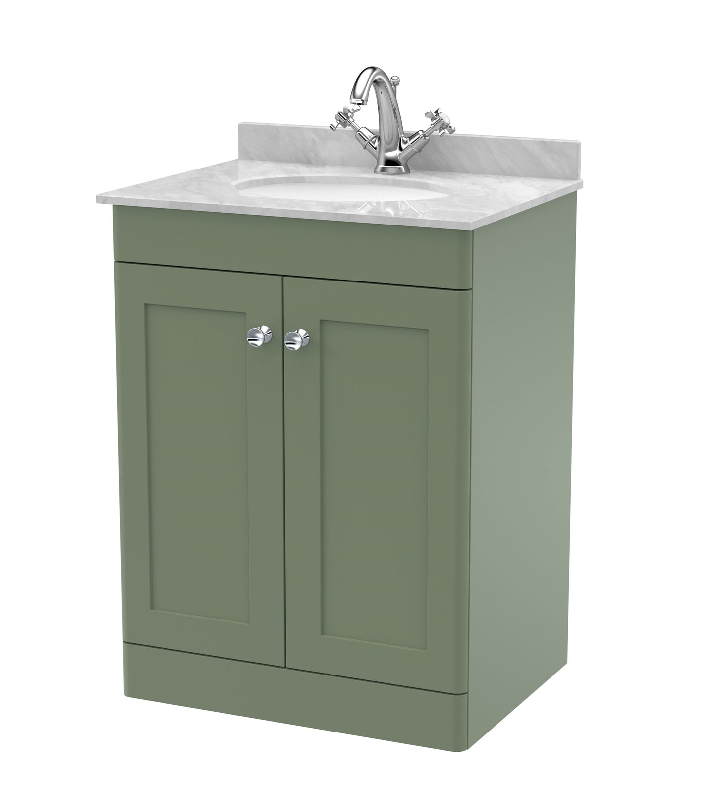 Nuie Classique 600mm Satin Green Floor Standing 2 Door Vanity Unit With Basin and Backsplash